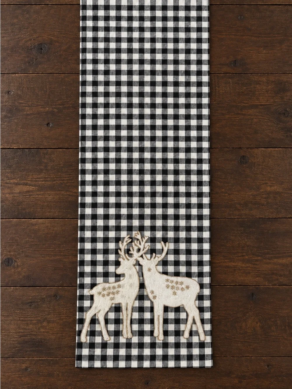 Black White Buffalo Check Beaded Reindeer Christmas Table Runner